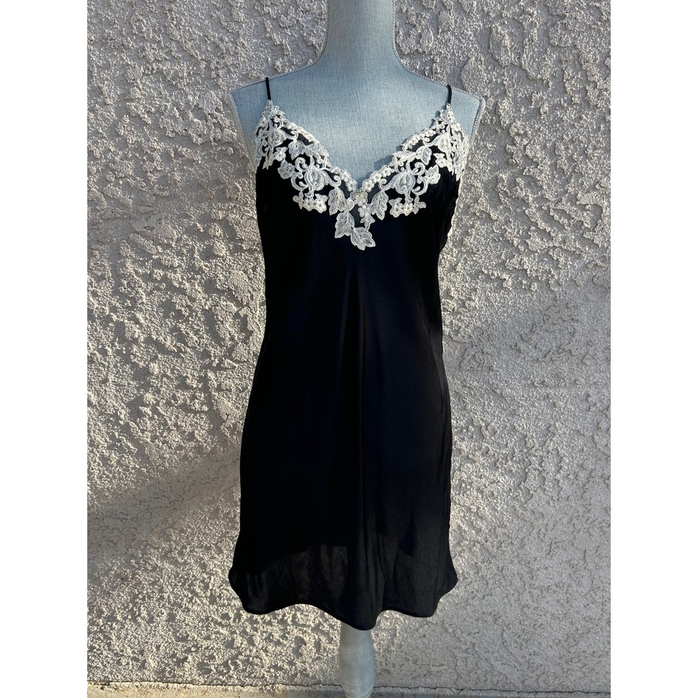 La Perla Black Silk Chemise Slip Dress V-Back Lace Trim Satin Nightgown L